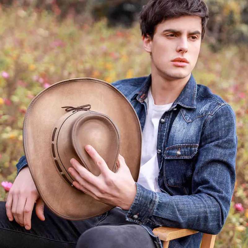 High quality Western cowboy hat mens fashion 2024 cool retro outdoor artificial leather cowboy hat wind rope Cs W241225