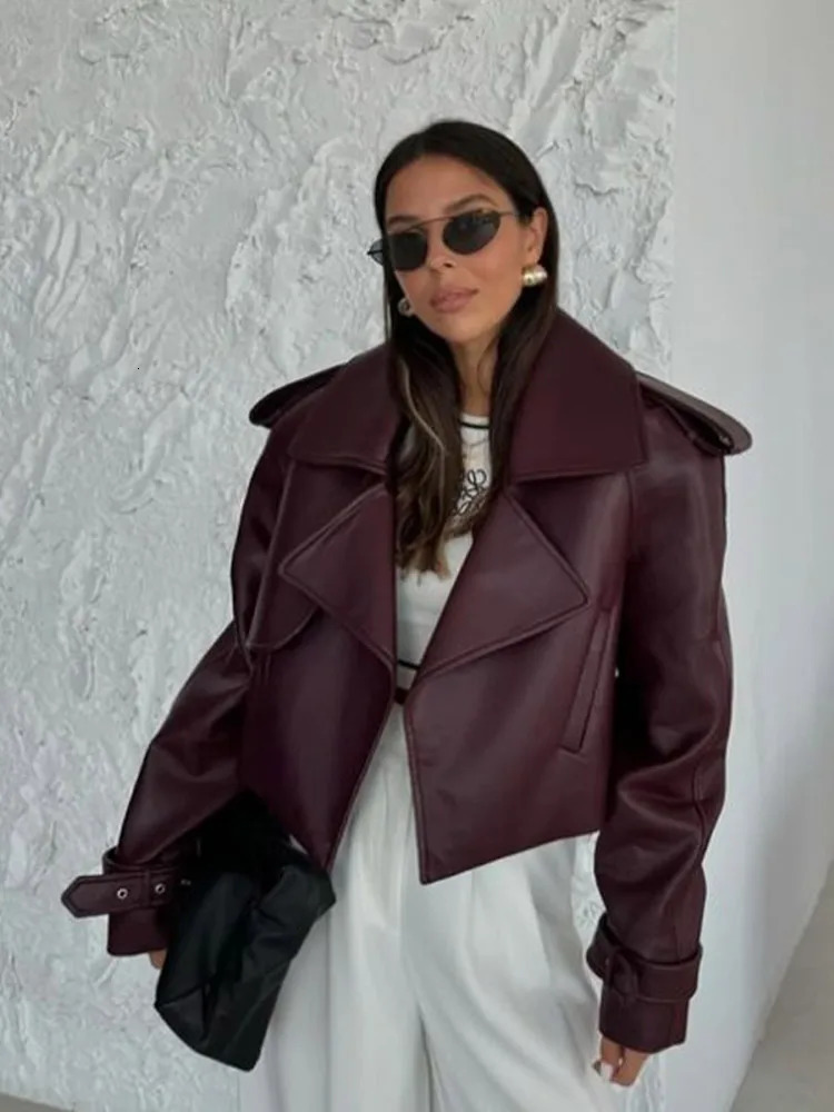 Womens Red Pu Leather Burgundy Solid Lapel Cropped Jacket Female Pockets Long Sleeves Short Coat Lady Autumn Streetwear 241225