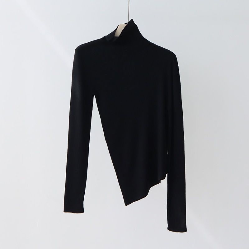 9484v1 Luxurious Asymmetric High Neck Wool Blend Sweater with Beveled Edges Perfect for Cold Seasons