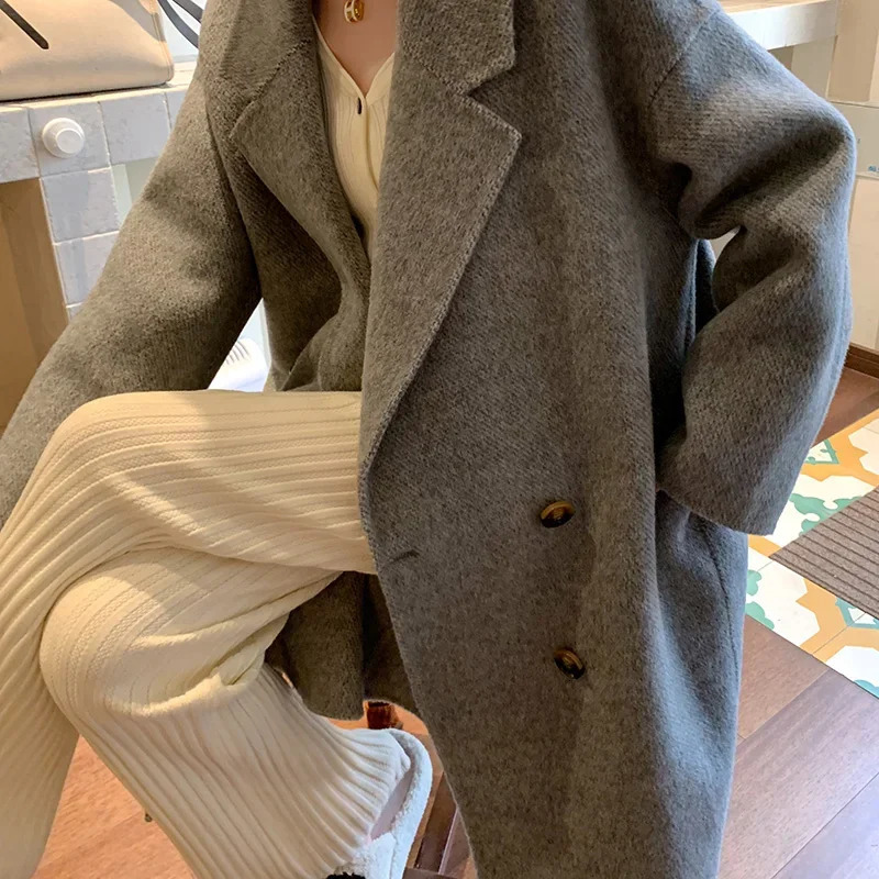 Highgrade alpaca doublesided cashmere coat womens midlength loose 2024 autumnwinter woolen thickened 241225