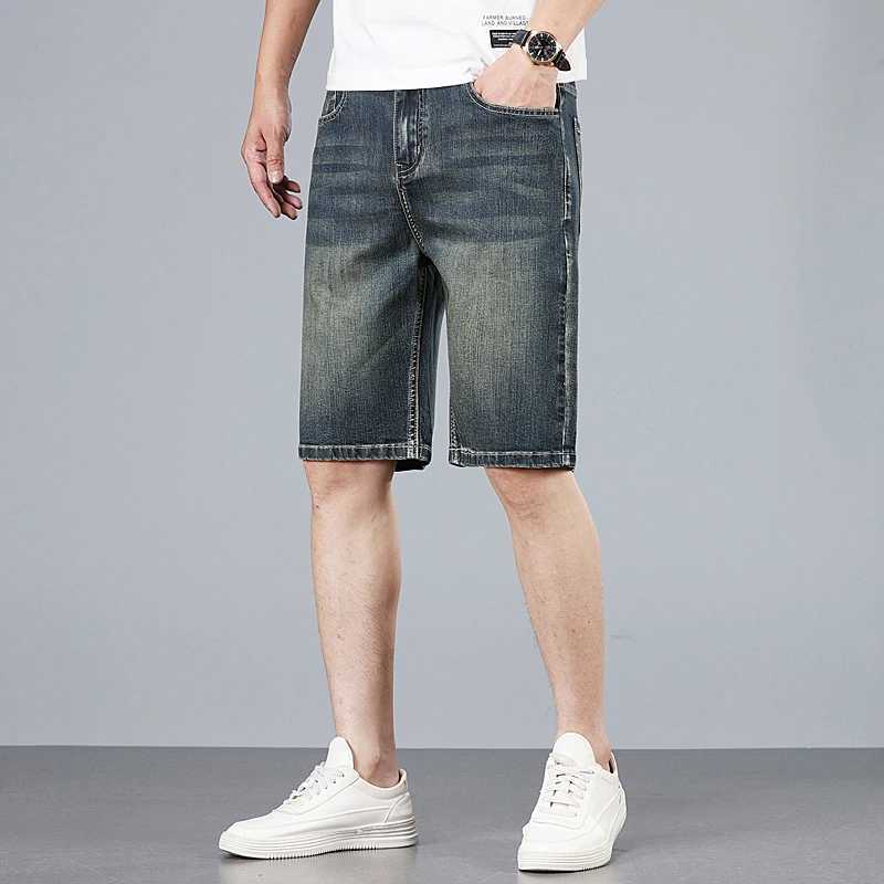 Cotton mens casual denim shorts summer new retro elastic suitable for straight elastic knee length jeans brand clothing W241226
