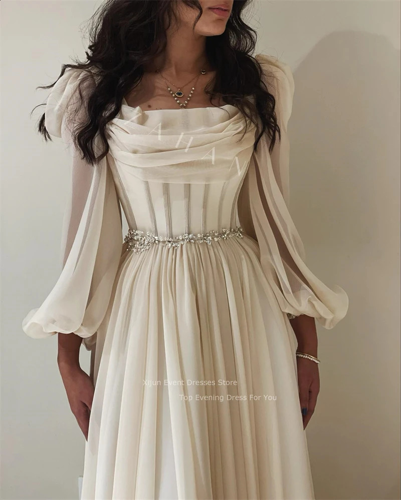 Xijun Chiffon Long Sleeves Prom Dresses Pleats Crystal Beaded Prom Gowns Formal Party Elegant Gowns Dubai Evening Dress Women 241223