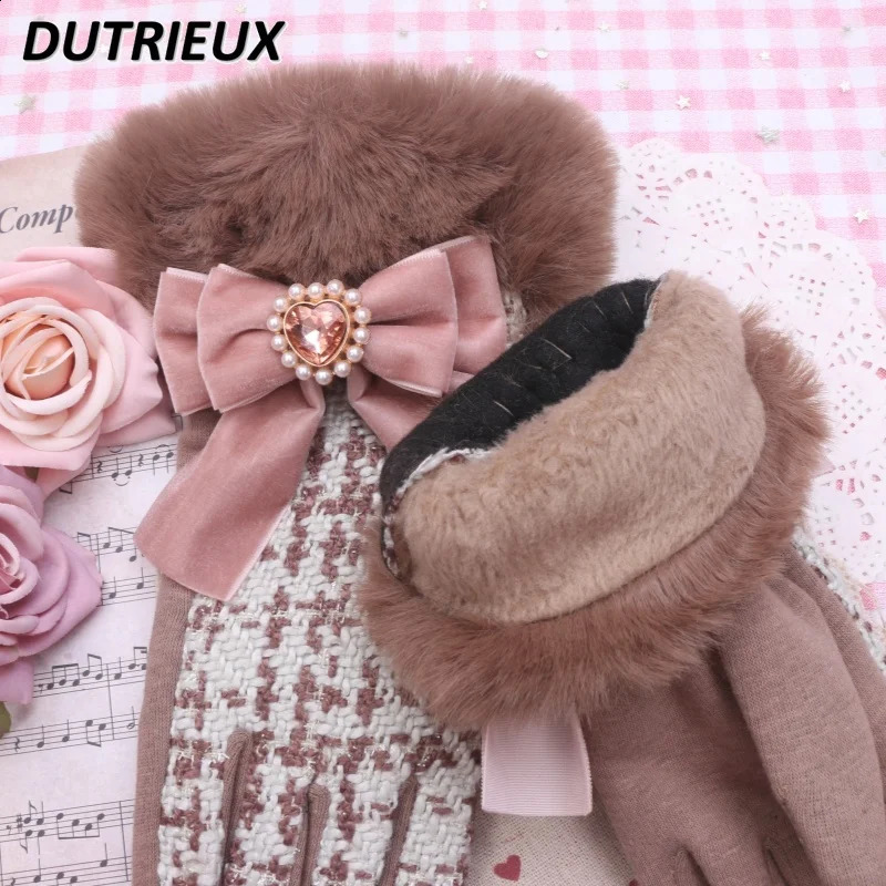 Sweet Lady Elegant Sweet Cute Velvet Bow Decoration Girls Finger Gloves Female Autumn Winter Womens Accessories 241226