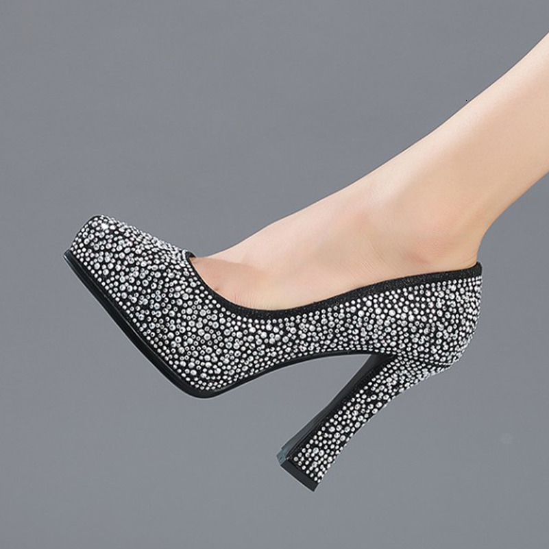 ANNYMOLI Women Platform Thick High Heels Pointed Toe Crystal Party Wedding Pumps Spring Sexy Shoes Black Sier 33-40