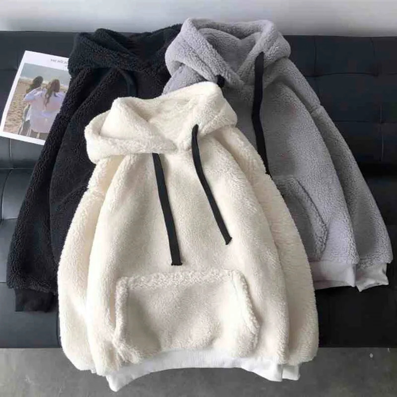 Lamb Wool Hoodies Autumn Winter Korean Style Loose Hooded Sweatshirts Long Sleeve Pullover Patch Pocket Warm Jacket 241225