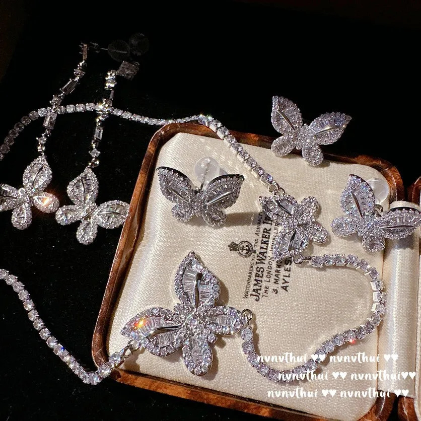 Unique Elegant Butterfly Jewelry Set for Women Exquisite Shine Zircon 925 Silver Resizable Ring Earring Necklace Banquet Jewelry 241226