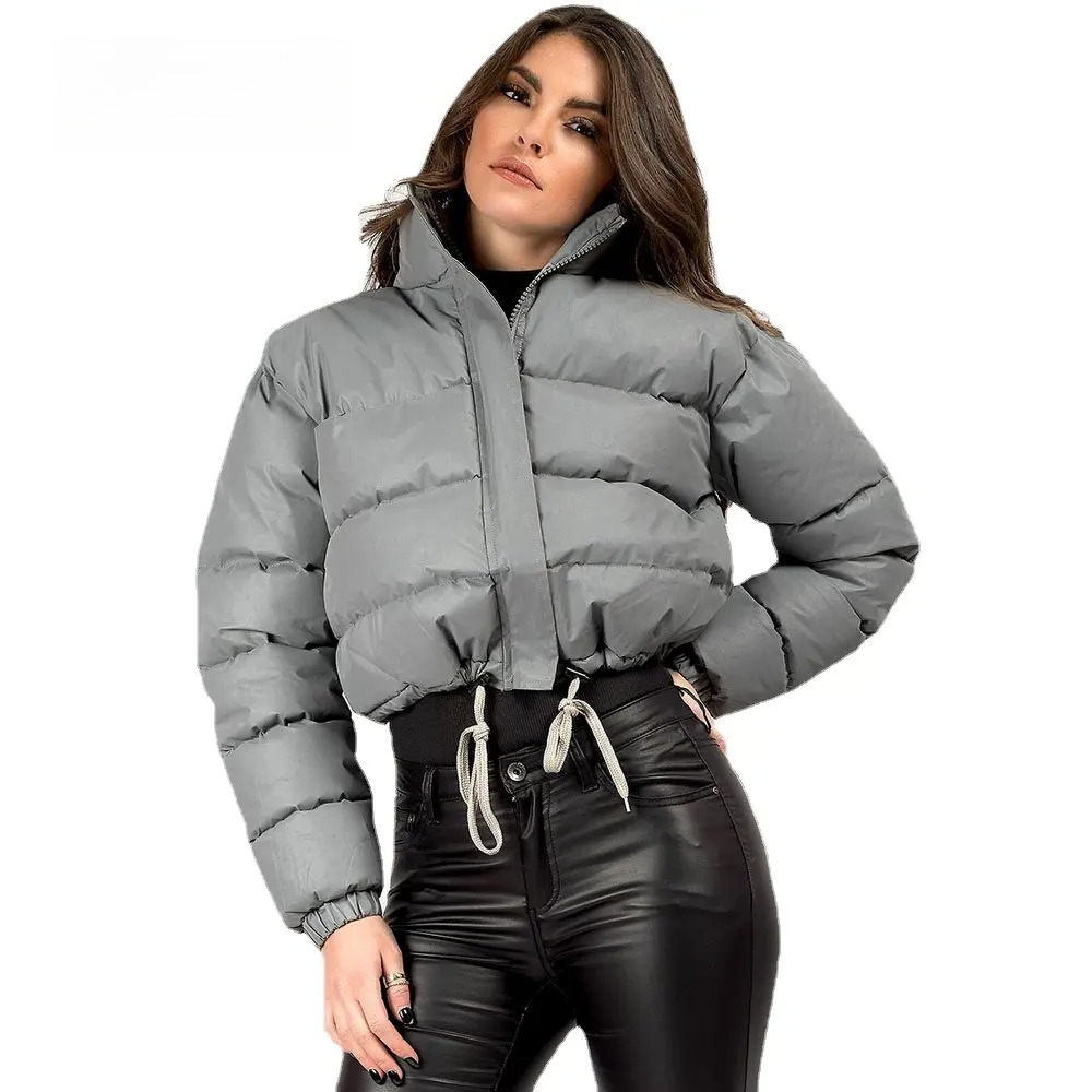 Winter Womens Puffer Jackets Solid Long Sleeve Stand Collar Loose Thicken Keep Warm Zipper Short Casual Parkas Coat