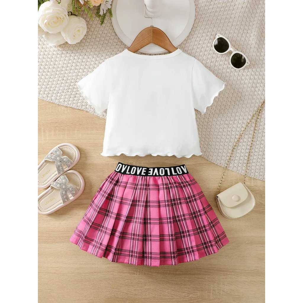 Clothing Sets 2PCS Summer Child Girls Set Cartoon Pattern Short Sleeves T-shirt+Plaid Folding Skirt Fashion Clothing For Kids Girls 4-7 YearsY241225OP