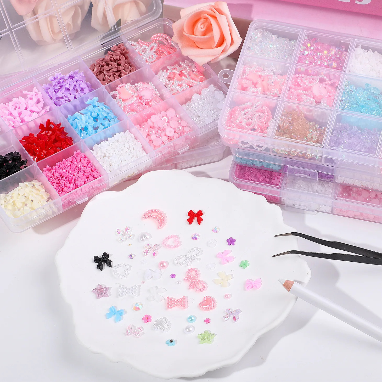 12Grids/box Mixed Resin Bowknot Nail Art Decorations 3D Acrylic Charms Kawaii Colorful Bow Rhinestone DIY Manicure Tools Parts 241226