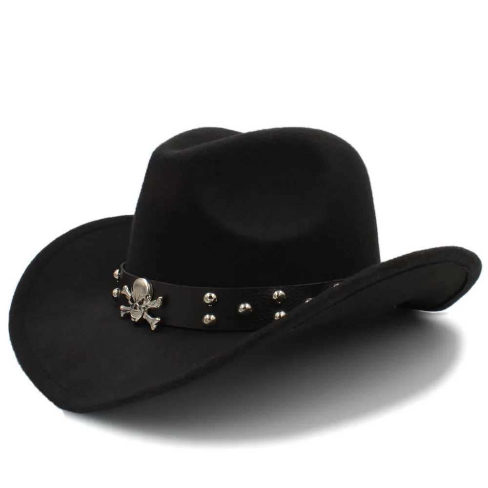 Womens mens wool Western cowboy hat rolled up Brim Gentleman Dad Jazz Equestrian Sombrero Hombre C size 56-58CM belt W241225