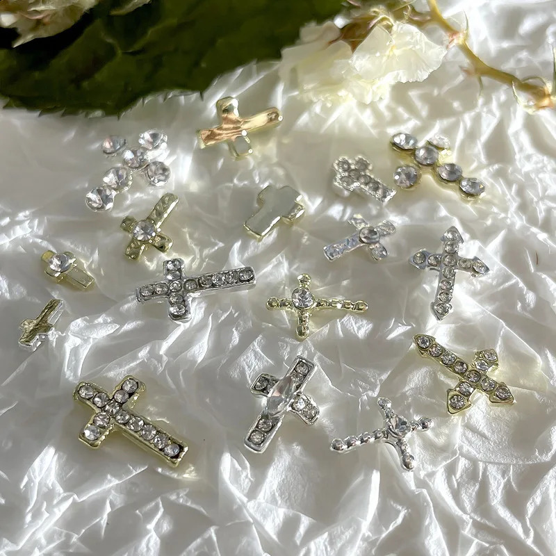 20pcs Glitter Cross Nail Art Vintage Alloy Gold Silver 3d Nail Rhinestone Charms Diamond Jewelry for Nails Decoration-ZS 241226