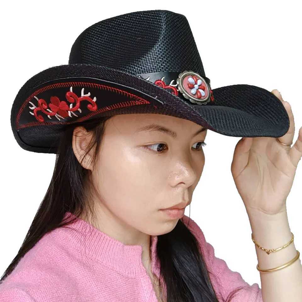 Black Thick Western Cowboy Hat Embroidered Decal 2024 Cowboy Hat Sun Hat Spring/Summer Straw Hat W241225