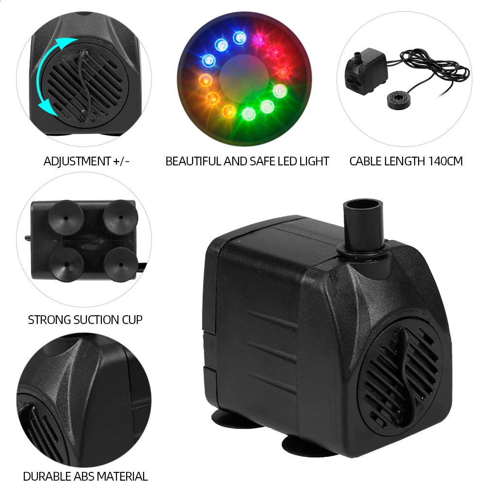 10W/15W Ultra-Quiet Submersible Water Fountain Pump Filter Fish Pond Aquarium Water Pump Tank Fountain with 12 LED Light 241225