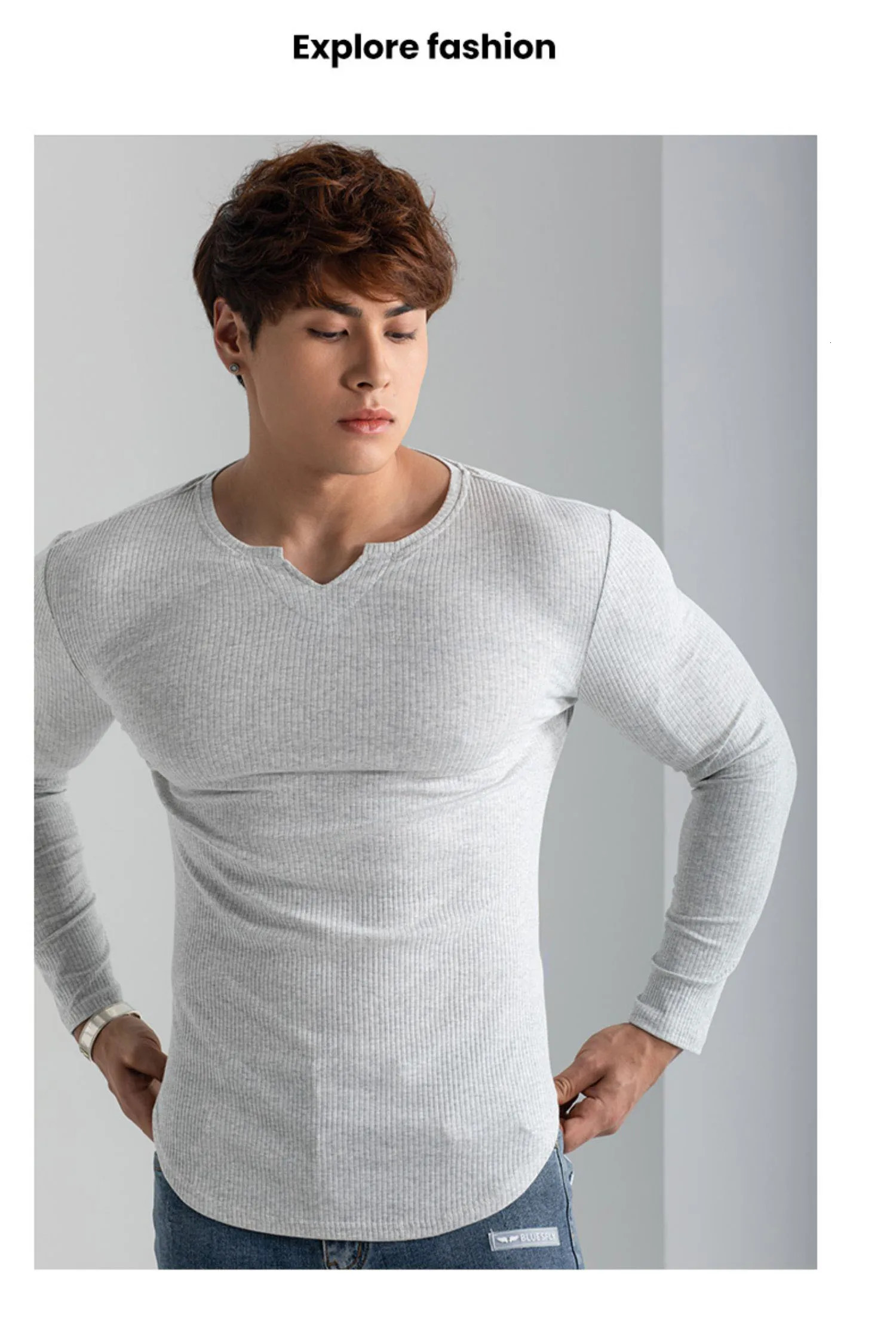 2024 mens texture stripes solid color Vneck tights elastic running hip hop long sleeve Tshirt spring and autumn shirt 241223