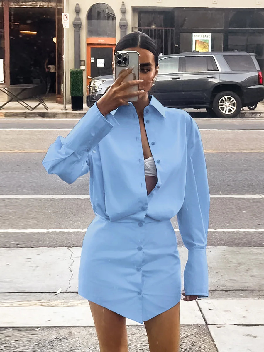 Fashion Blue Shirt Dress Women Elegant Solid Long Sleeve Office Lady Mini Dresses Spring Sexy Pencil Dresses Female 241224
