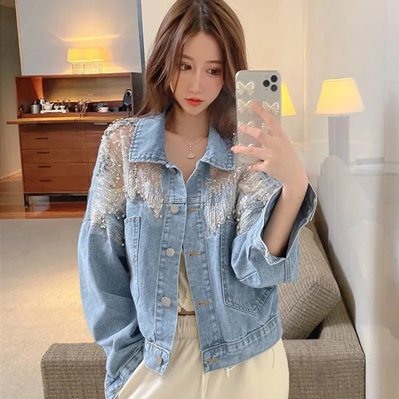 Fashion Beaded Diamond Mesh Denim Coat Spring Autumn Denim Jacket Short Casual Outerwear Tops Jeans Jacket Female 241223