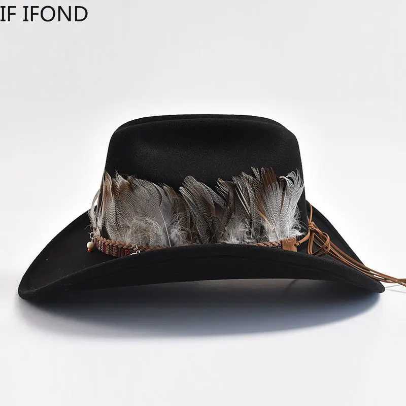 New retro feather decoration Western mens denim hat fashionable wide brown church jazz hat Sombrero Hombre Cs W241225