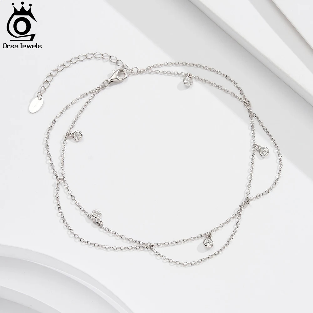 ORSA JEWELS 925 Sterling Silver Bohemia Zirconia Pendants Anklets Foot Jewelry Clear CZ Charm Rhinestone Bracelet on Leg SA72 241226
