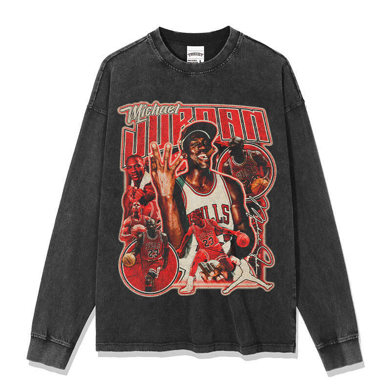MJ Flying Man Printed Wide Short Sleeve T-shirt Washed American Pure Cotton Round Neck Hoodie