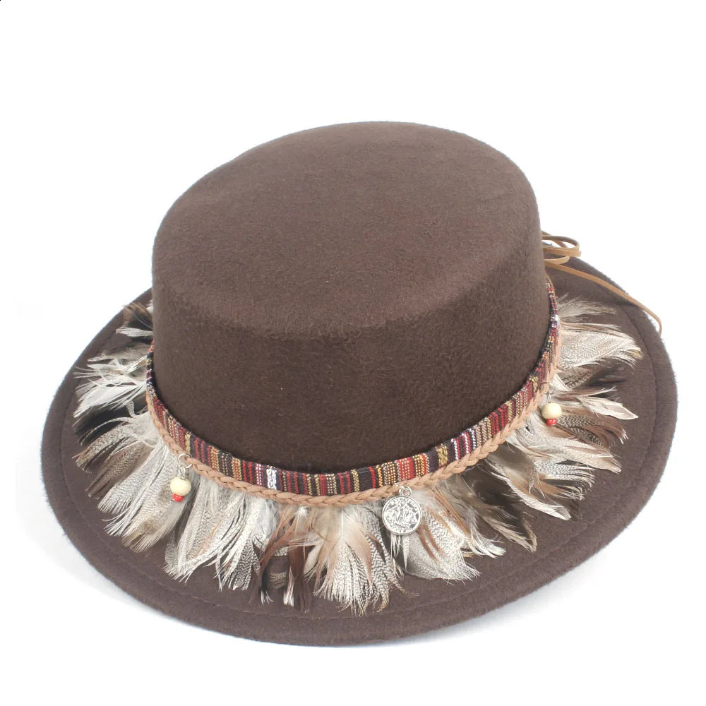 Unisex Men Women Fashion Flat Top Fedora Hat With Feather Birthday Party Hat Trilby Jazz Hat Adult Hat Size 56-58CM 241226