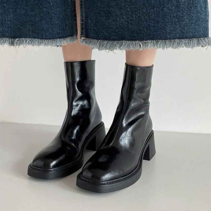 Black Omens Shoes Genuine Leather Womens Boots Thick Soled Coarse Boots Womens Solid Color Womens Shoes High Heel Boots 241226