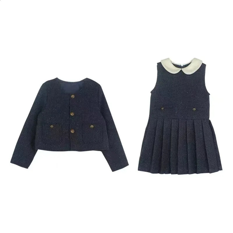 Autumn Winter Little Girl 2PCS Clothes Set Solid Woolen Outerwear Coat Outfits Turn Down Collar Pleated Sundress Baby Suits 241225