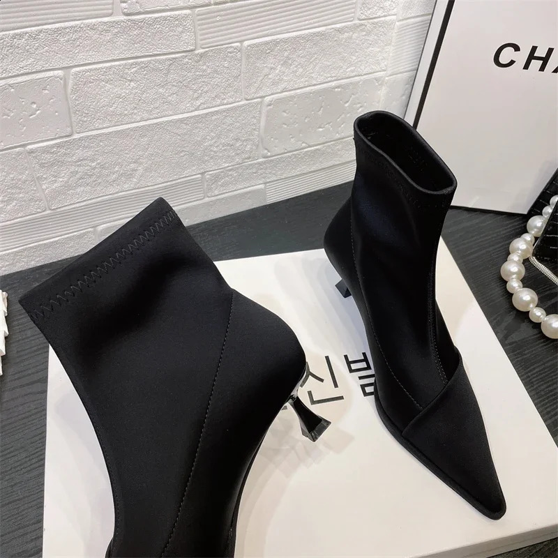 Fashion Ankle Boots Pointed Elastic Boots Autumn Stiletto Solid Color Boots Workplace Womens Shoes Botines Mujer 241226