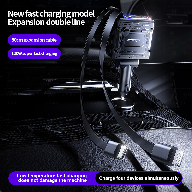 Fast Charge 120W 4-in-1 Vehicle Charging Hub with Digital Display - Compatible with iPhones and Samsungs