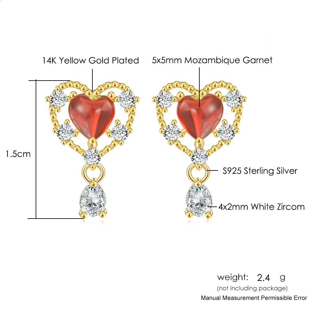 LAMOON Natural Garnet Heart Earrings For Women Sterling Silver 925 Stud Earring Korean Anime Vivi Gold Plated Fine Jewelry Gifts 241226