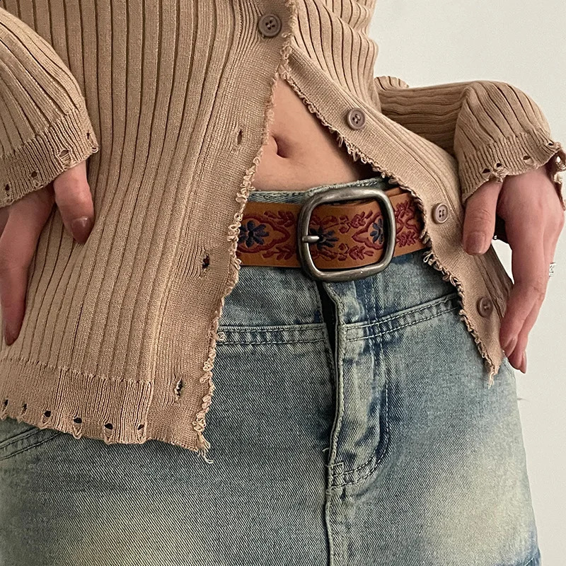 Pattern Print Retro Y2K Belts For Women Buckle Pin Waist Belt Female Pu Leather Hip Hop Fashion Waistband 241226