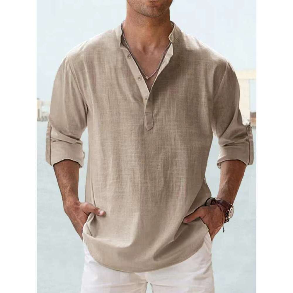 Men's Wear New Cotton En Casual Lightweight Long Sleeve Henley Beach Hawaiian T Shirts For Men
