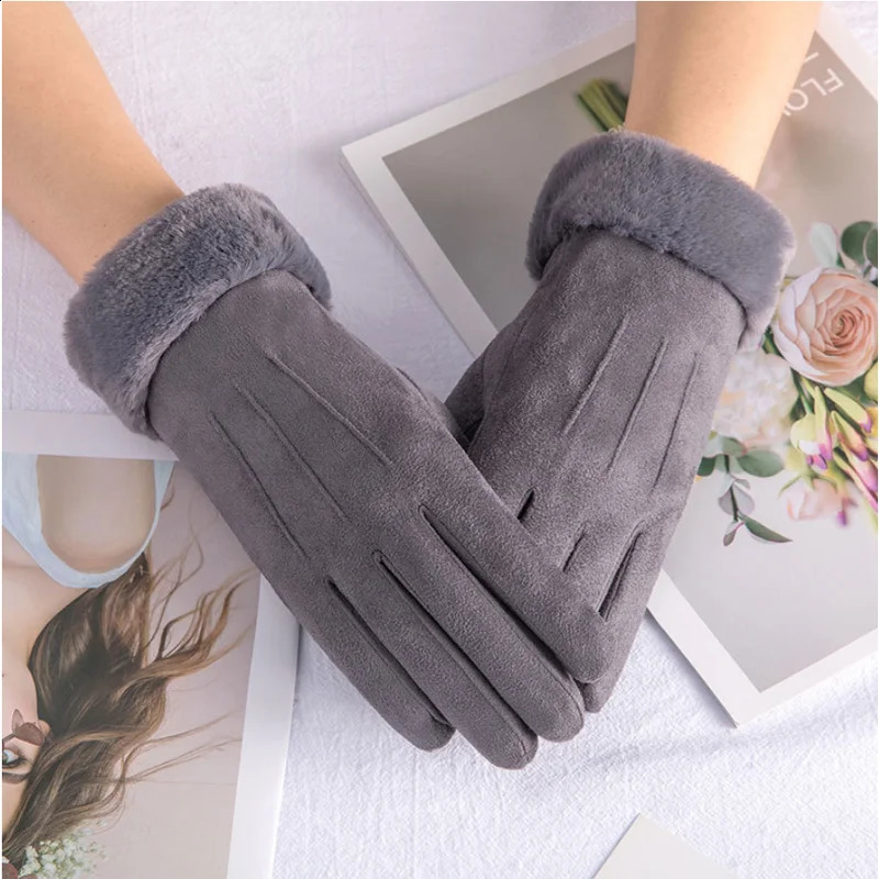 High-quality Women Winter Suede Leather Gloves Touch Screen Driving Gloves Winter Female Thick Plush Wrist Warm Cycling Outdoor 241226