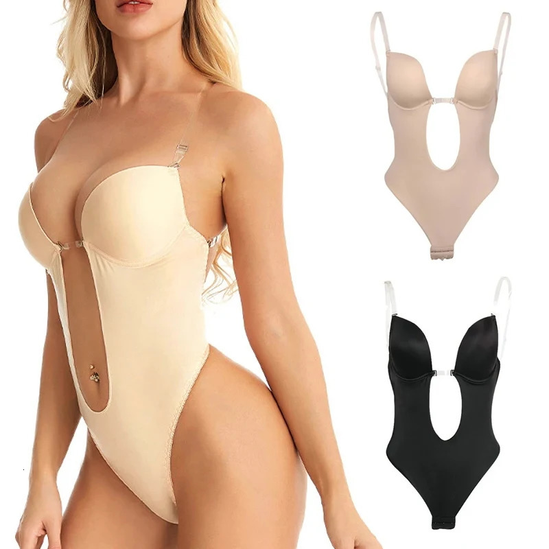Invisible Shaper Bra Bodysuit Corset Backless Deep V-Neck U Plunge Thong Waist Trainer Clear Strap Padded Push Up Shapewear 241225