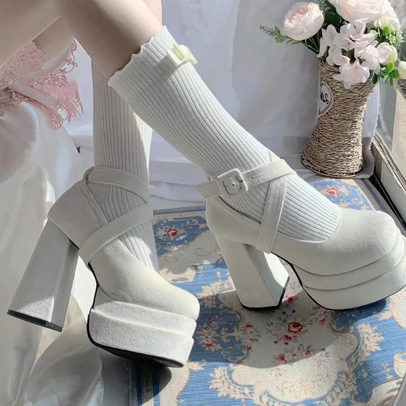 White High Heels Mary Jane Lolita Shoes Women Y2K Chunky Platform Thick Heeled Pumps Woman Diy Ankle Straps Cosplay Shoes 241225
