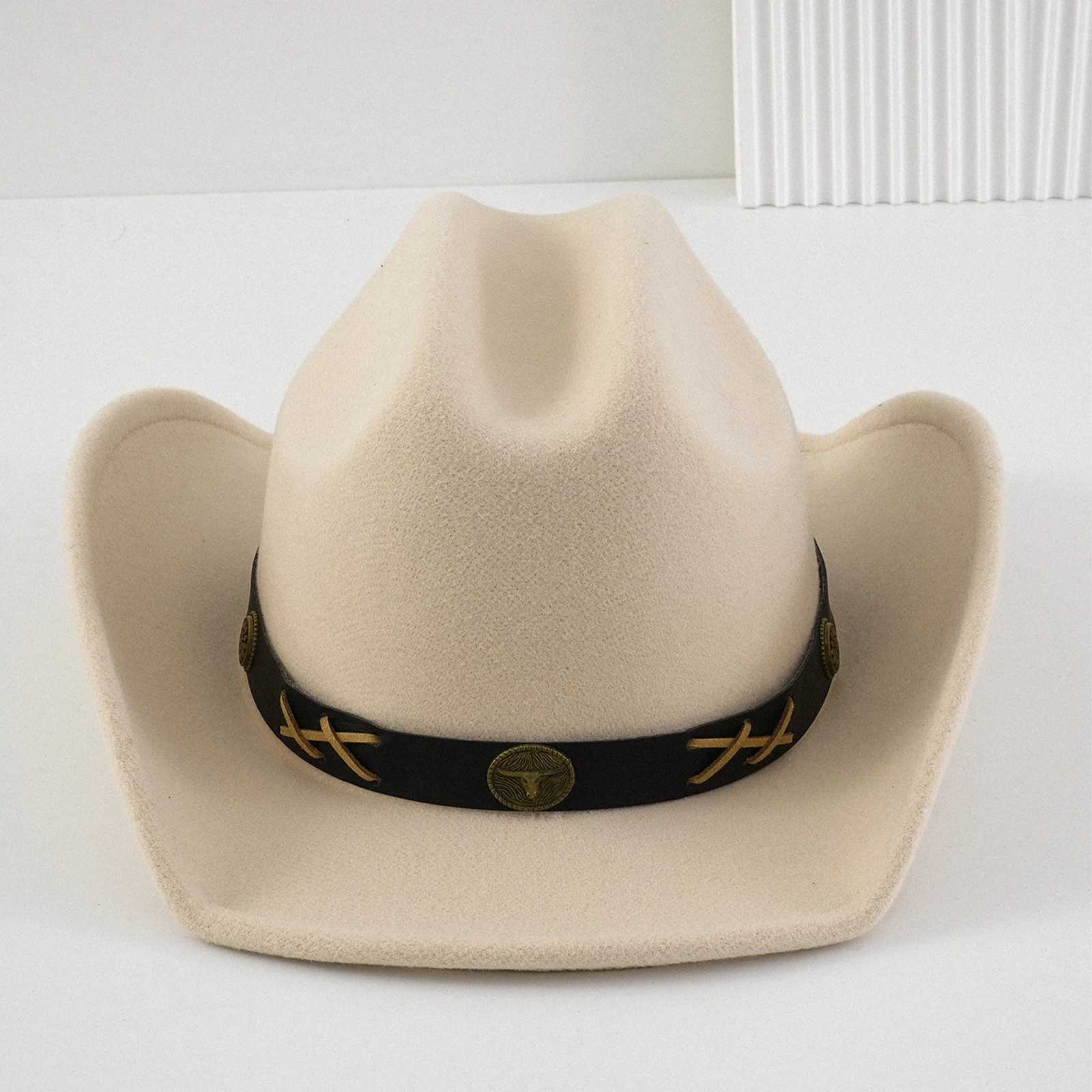 Felt denim hat copper cowhide braided rope Western style womens straw hat W241225