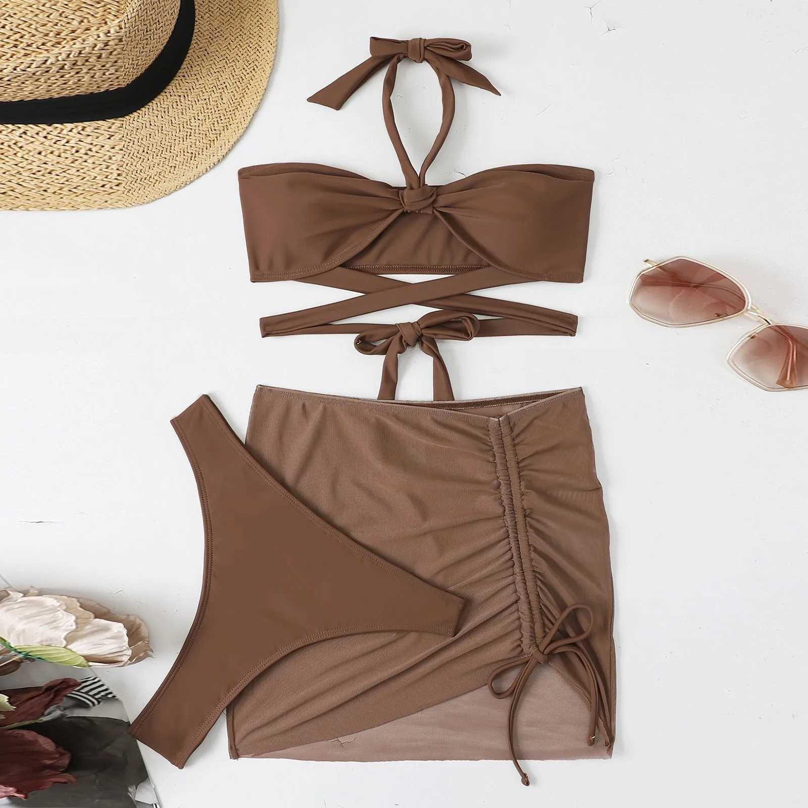 Summer 2024 New 3-Piece Swimsuit Womens High Waist Swimsuit Sexy Lace Up Micro Bikini SetW241225