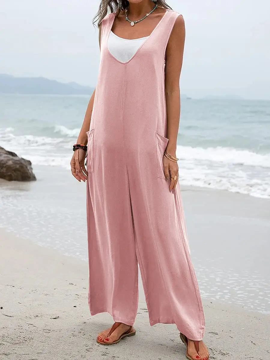 2024 Europe and the United States summer solid color patch pocket fashion jumpsuit Vneck strap wideleg pants 241224