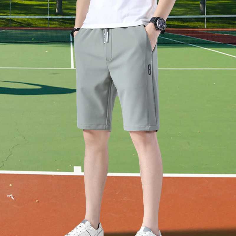 Mens summer casual shorts with elastic waist brushed straight solid color ice silk sports thin pockets knee pants mens clothing W241226