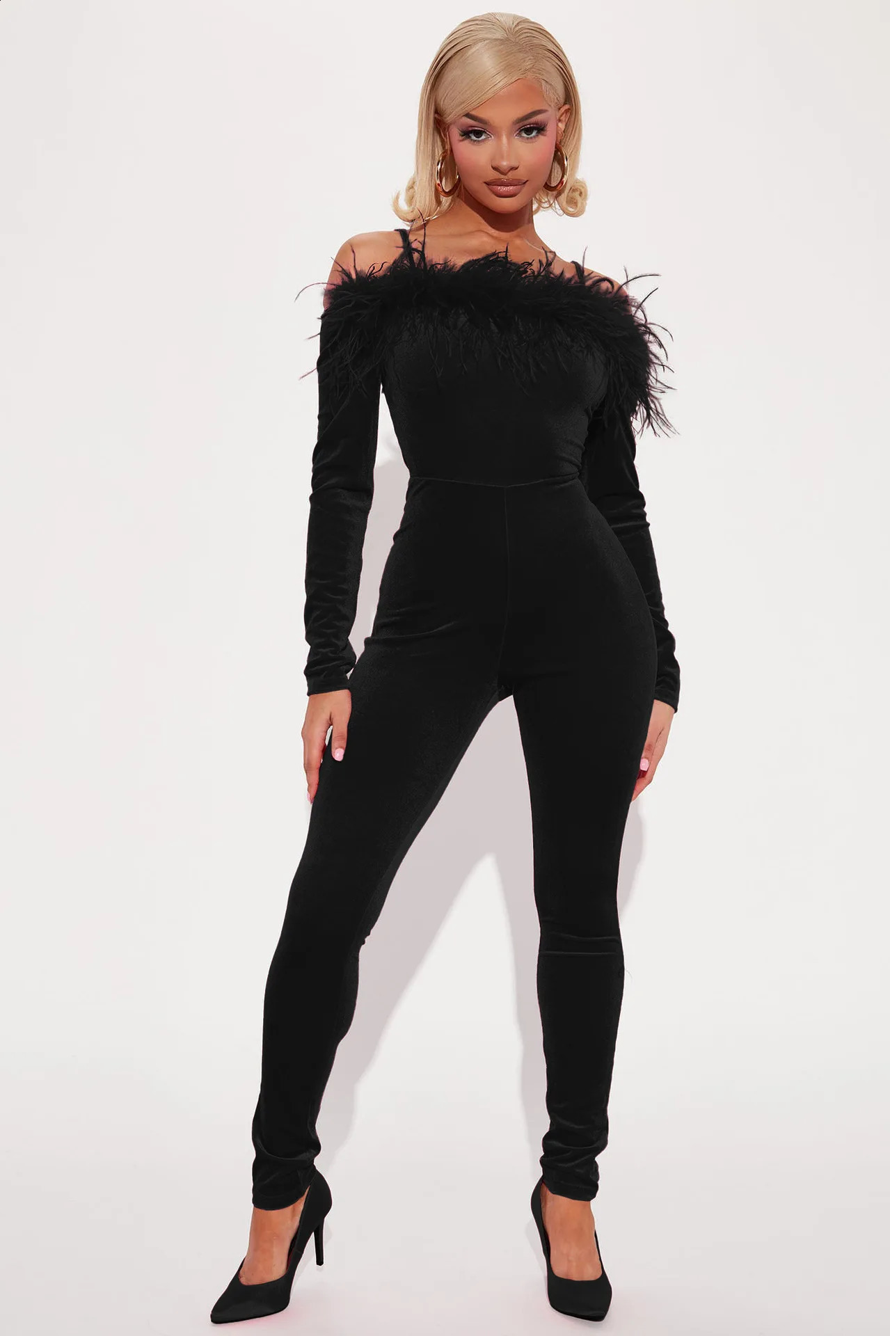 Velvet Feather Jumpsuits Elegant Outfit Bodycon Winter Clothes Long Sleeve One Piece Women Club Jumpsuit Bodysuit 241224