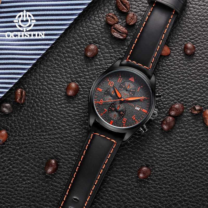 OCHSTIN genuine waterproof sports mens watch three eye calendar quartz watch fashion leather strap mens casual Wirstwatch M241226