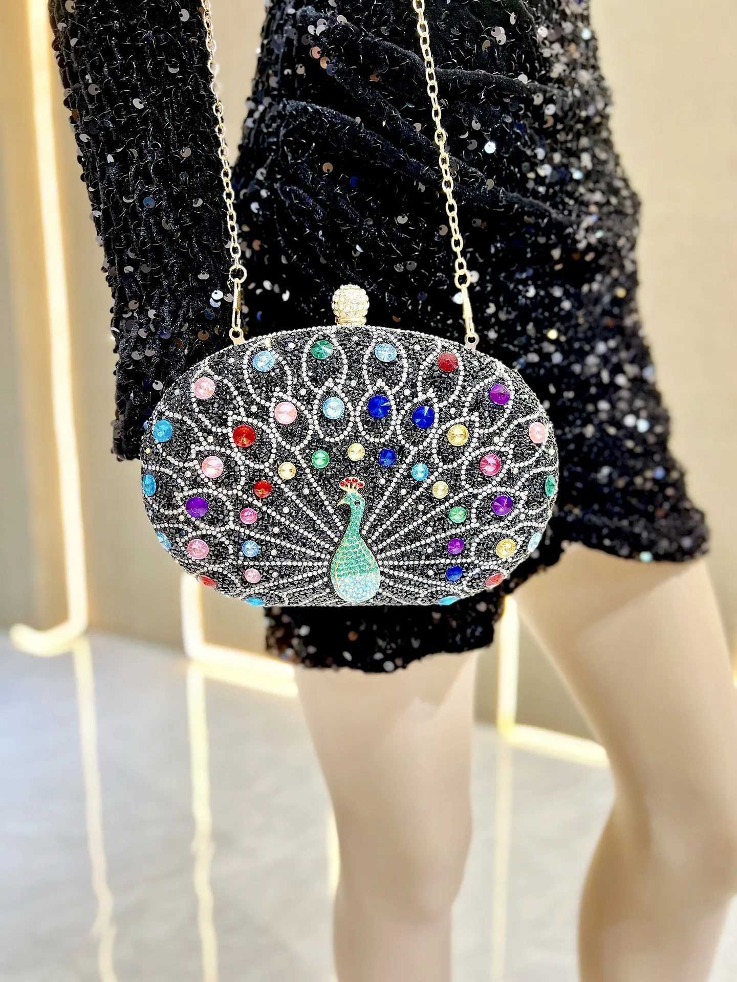 High Quality Light blue sapphire crystal peacock clutch womens evening bag wedding party dinner bride rhinestone handbag T241225