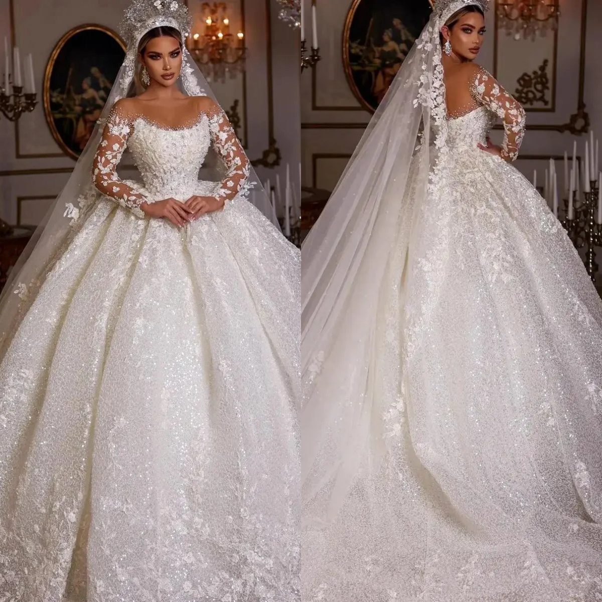 Ball Women Wedding Dress Sheer Neck Long Sleeveless Bridal Gown Sequins Appliques Sweep Train Dresses Customized Vestido De Novia