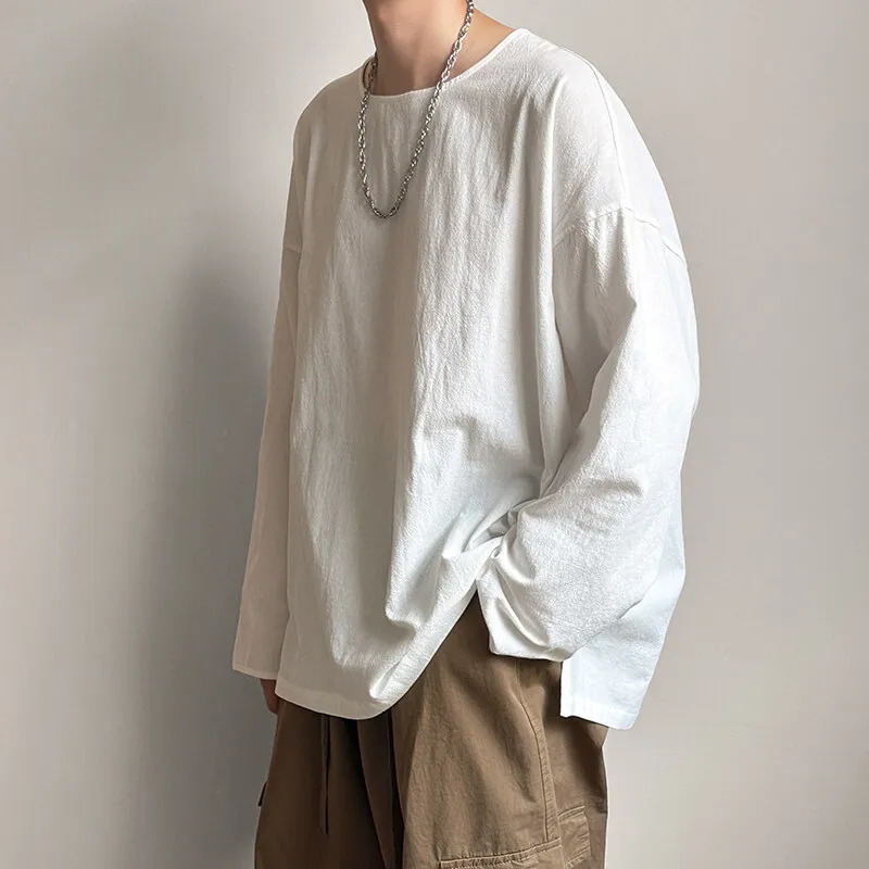 Spring Autumn Round Neck Loose TShirt Men Cotton Linen Long Sleeve Casual Male Tshirt Comfortable Breathable Hip Hop Tees Tops 241223