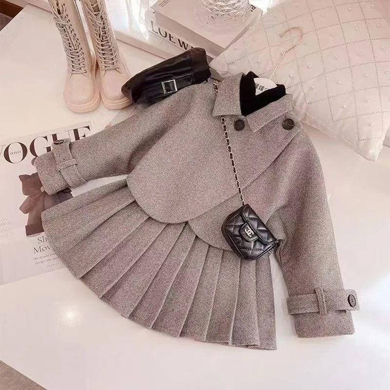 Spring and Autumn Girls Woolen Suit Coat Pleated Short Skirt TwoPiece Set Little Girl Cotton Thickening Fashionable 241225