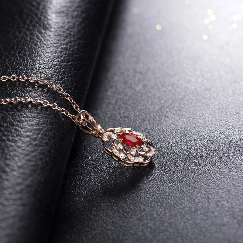 LANMI Real 14K Rose Gold Red Ruby Pendant Necklace Natural Diamond Jewels for Women Party Fine Jewelry 241226
