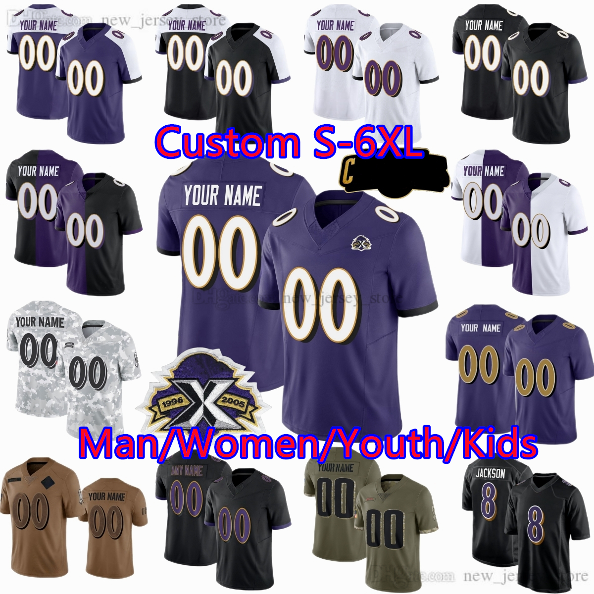 Custom S-6XL DIY Football 8 Lamar Jackson Jersey 22 Derrick Henry 4 Zay Flowers 89 Mark Andrews 2 Nate Wiggins 9 Justin Tucker Roquan Smith Marlon Humphrey Ray Lewis Reed