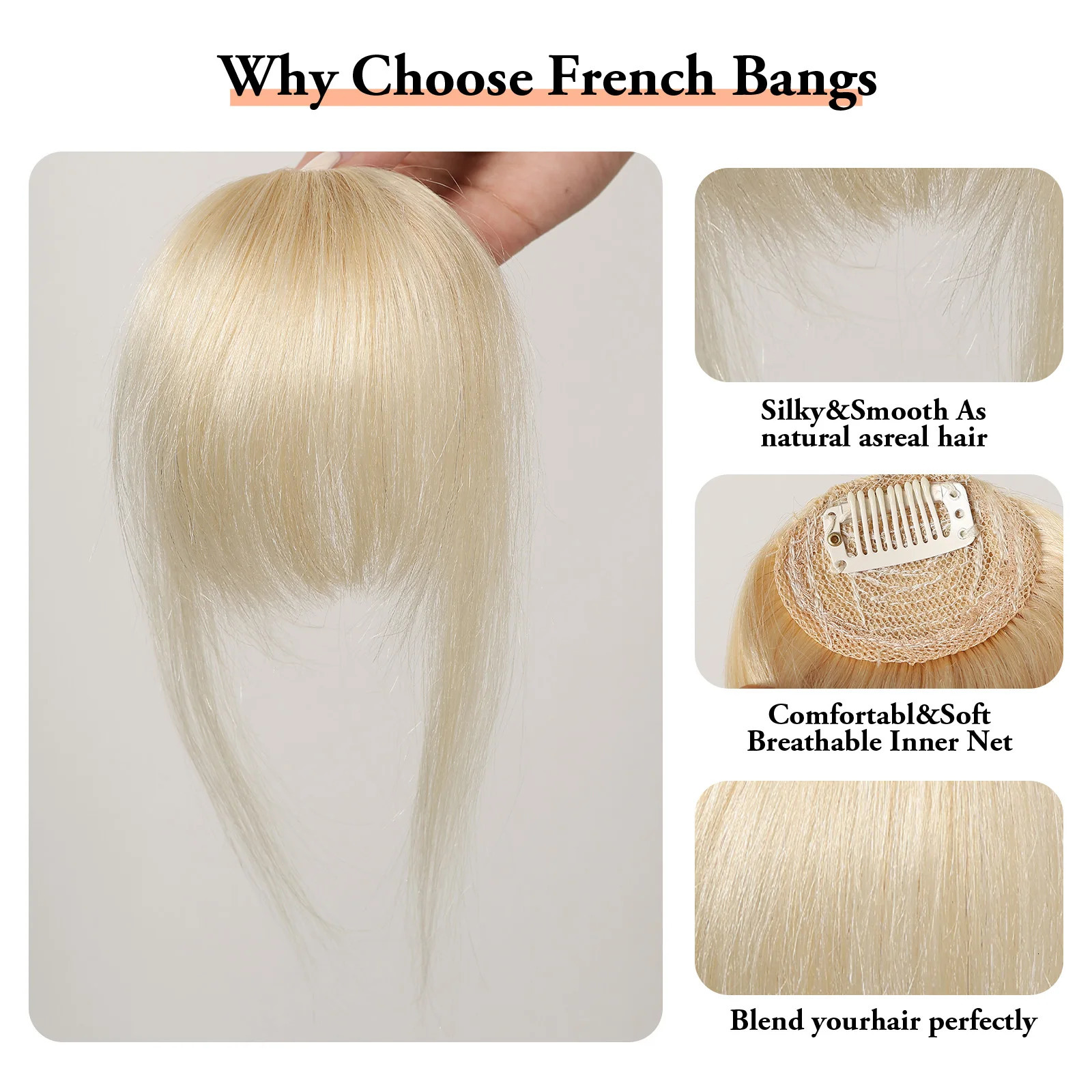 100% Human Hair Bangs Clips in Air Fringe Bangs Hairpiece for Women Platinum Blonde Remy Human Hair Bangs Hair Extension 4.5inch 241225