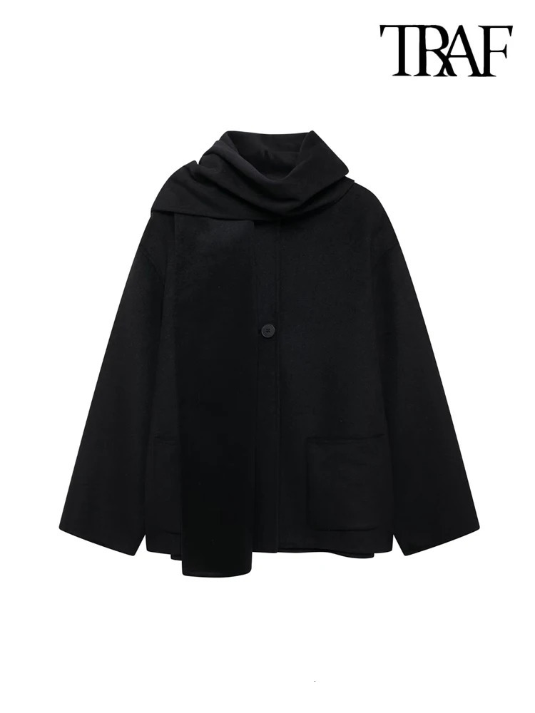 TRAFLoose Woolen Jacket with Scarf for Women Long Sleeve Coat Front Button Female Outerwear Chic Tops Fashion 241225