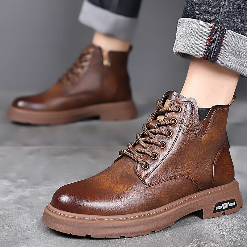 Italian Mens Boots High Top Outdoor Plush y Business Casual Leather Ankle Men Platform Round Toe Boot 241225