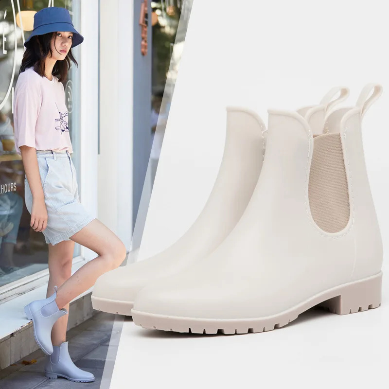 Chelsea Rain Boots for Women PVC Ankle Rain Shoes Waterproof Solid Womens Boot Elastic Band Rainy Shoes Woman Fishing Shoes 241226